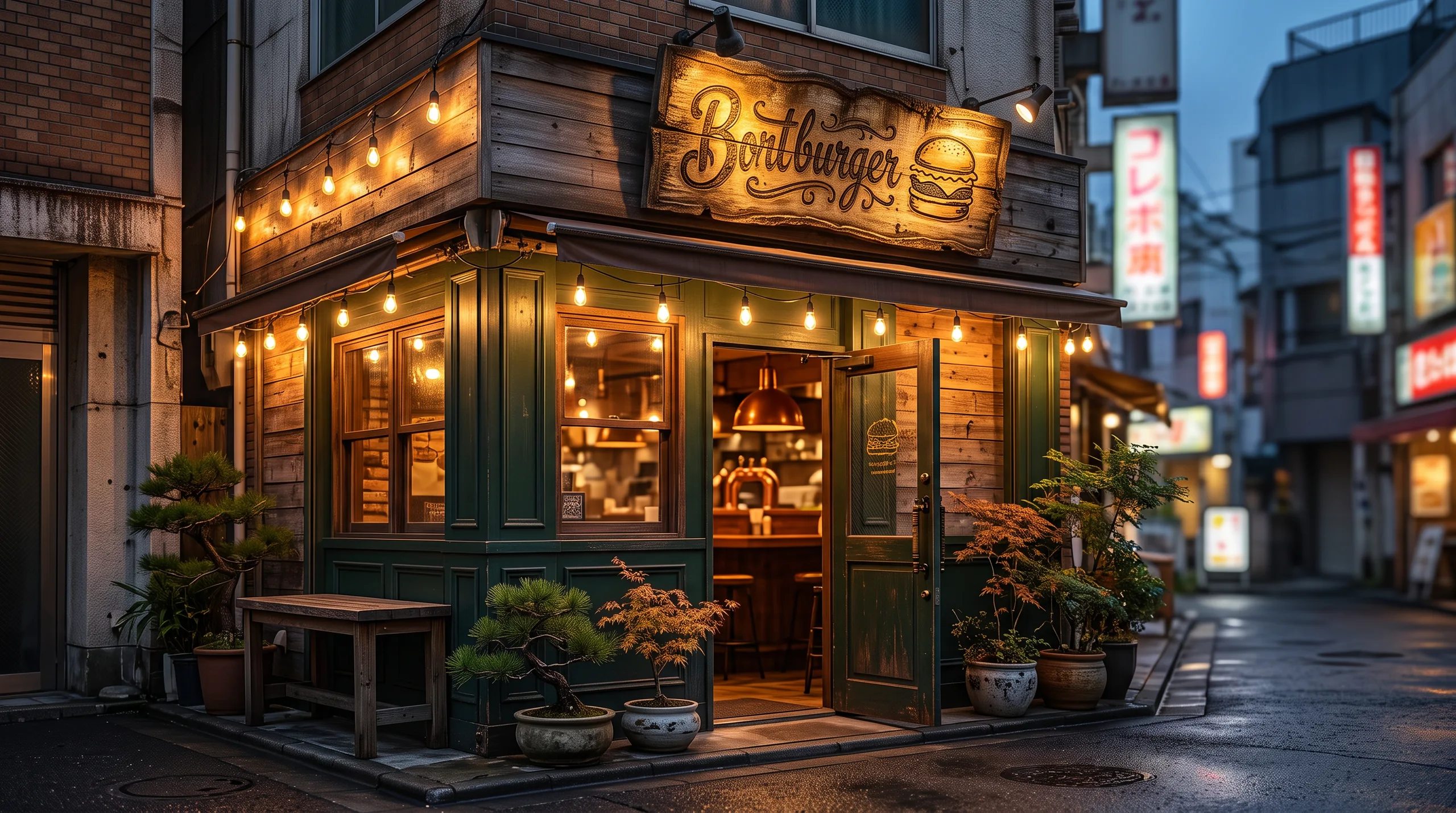 夕暮れのGreedy店舗外観